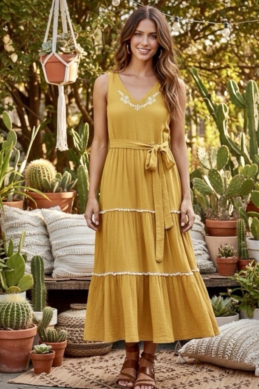 Joie Mustard Yellow Embroidered Tiered Boho Maxi Dress NWT Size 6
